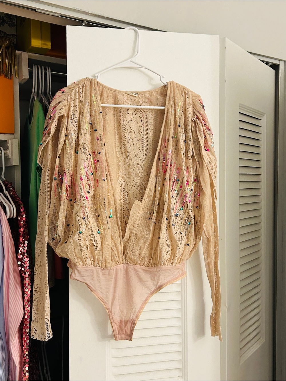 Beige Lace Sequin Plunging Long-Sleeve Bodysuit
